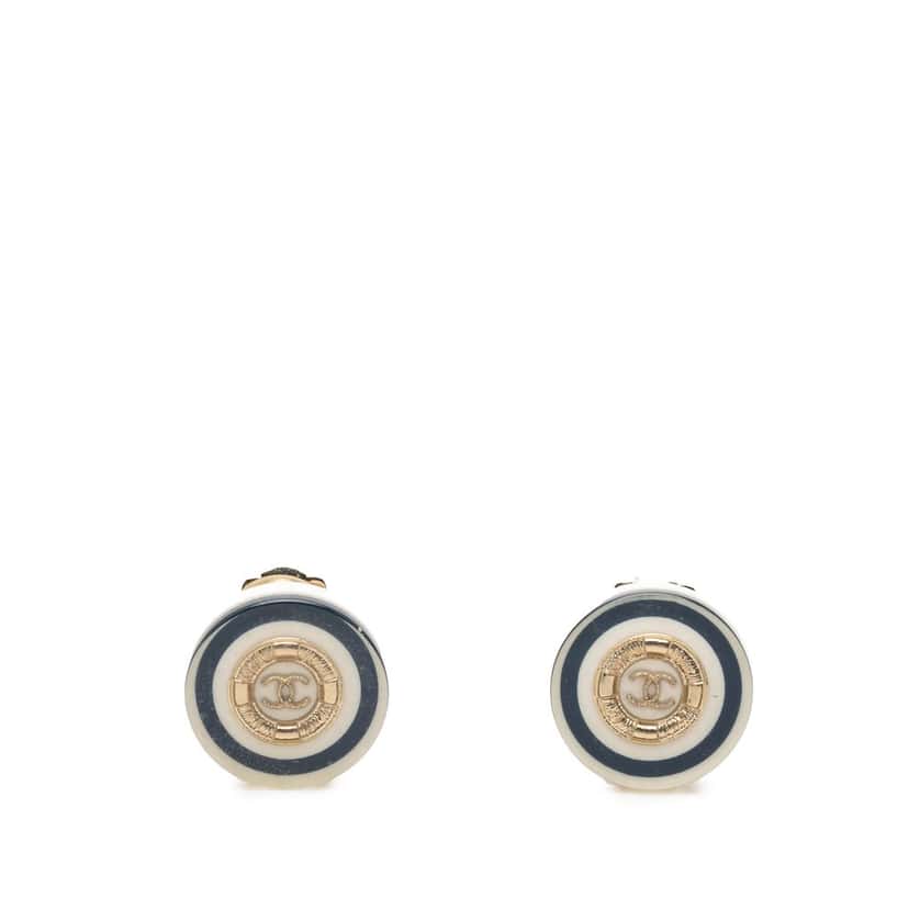 Chanel CC Gold Plated Resin Button Clip On Earrings White Plastic Very good condition - Front View