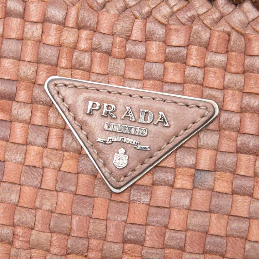 Prada Woven Goatskin Madras Clutch Brown Leather Very good condition - Box View