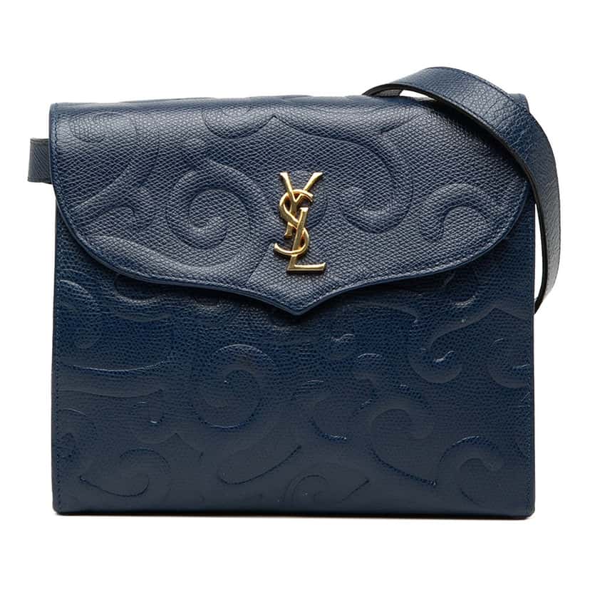 Saint Laurent Embossed Leather Arabesque Crossbody Blue Leather Very good condition - Front View
