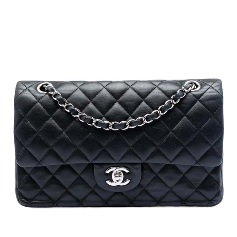 Chanel Medium Classic Lambskin Double Flap Black Leather Very good condition - Front View