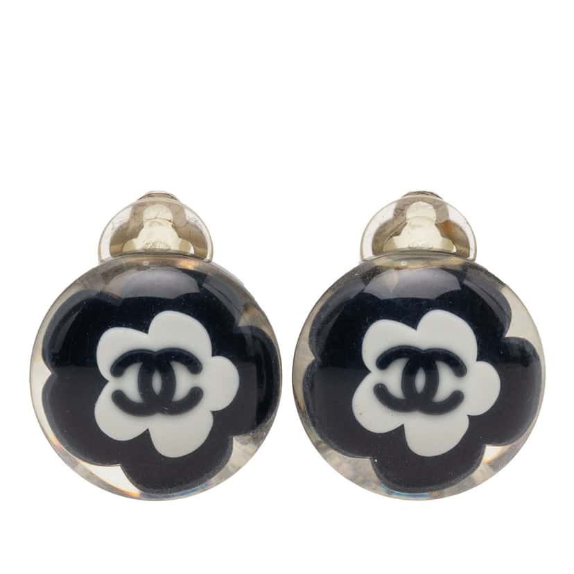 Chanel CC Resin Flower Clip On Earrings Black Plastic Very good condition - Front View