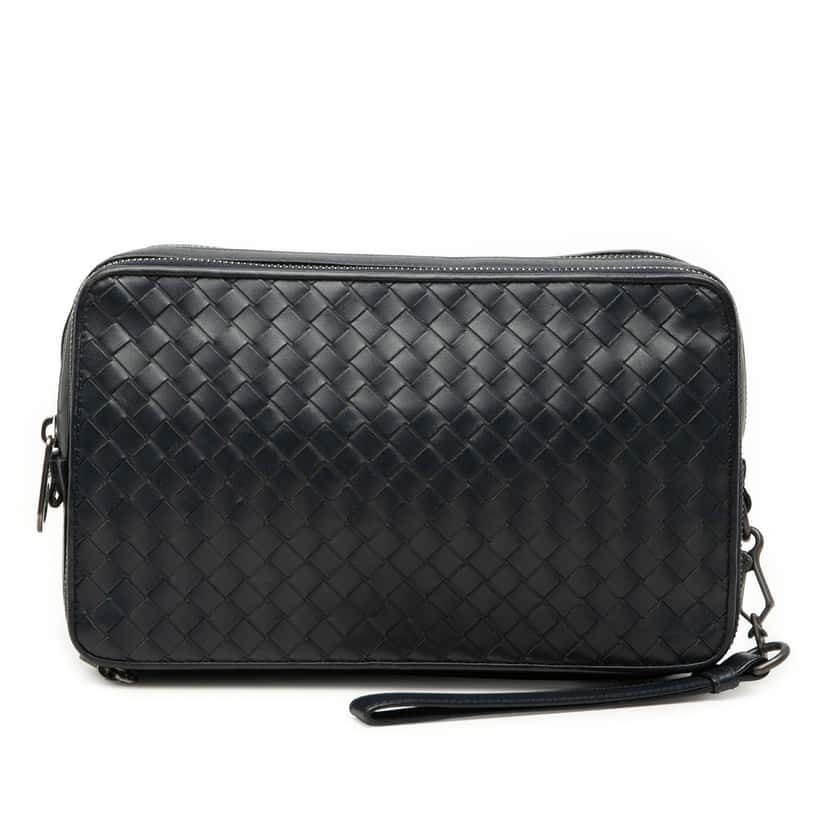 Bottega Veneta Nappa Intrecciato Wristlet Clutch Blue Leather Good condition - Front View