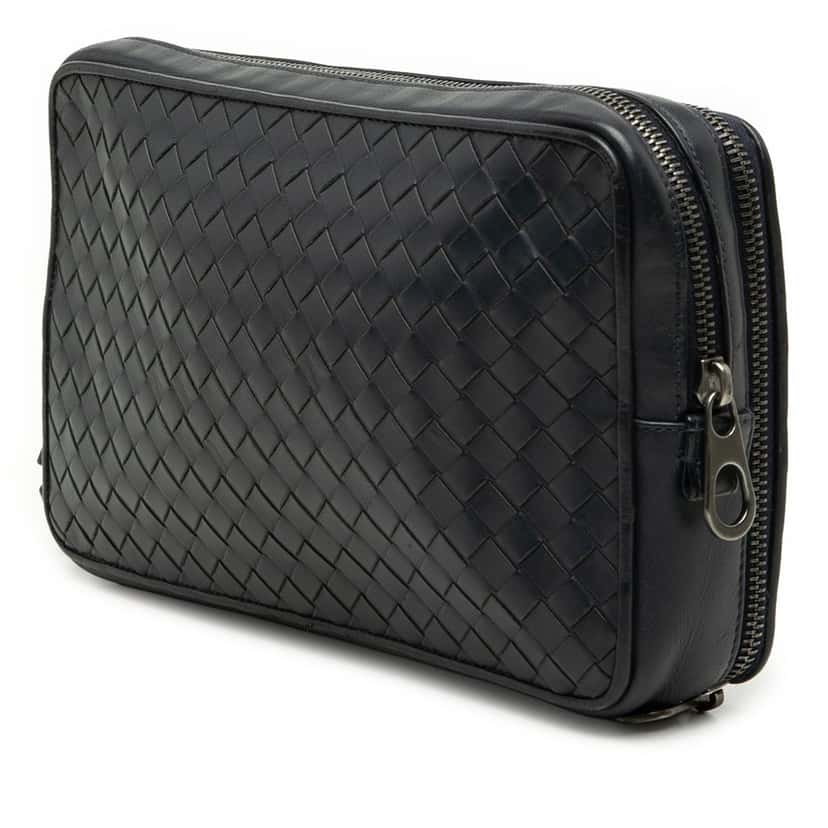 Bottega Veneta Nappa Intrecciato Wristlet Clutch Blue Leather Good condition - Back View