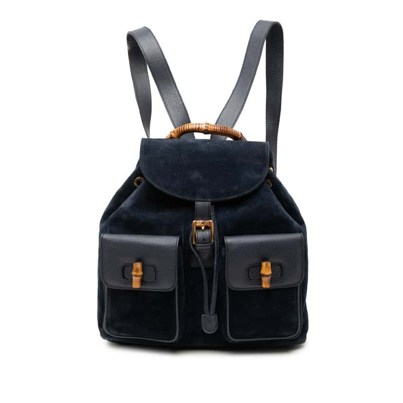 Gucci Suede Bamboo Backpack Blue Leather Very good condition - Front View
