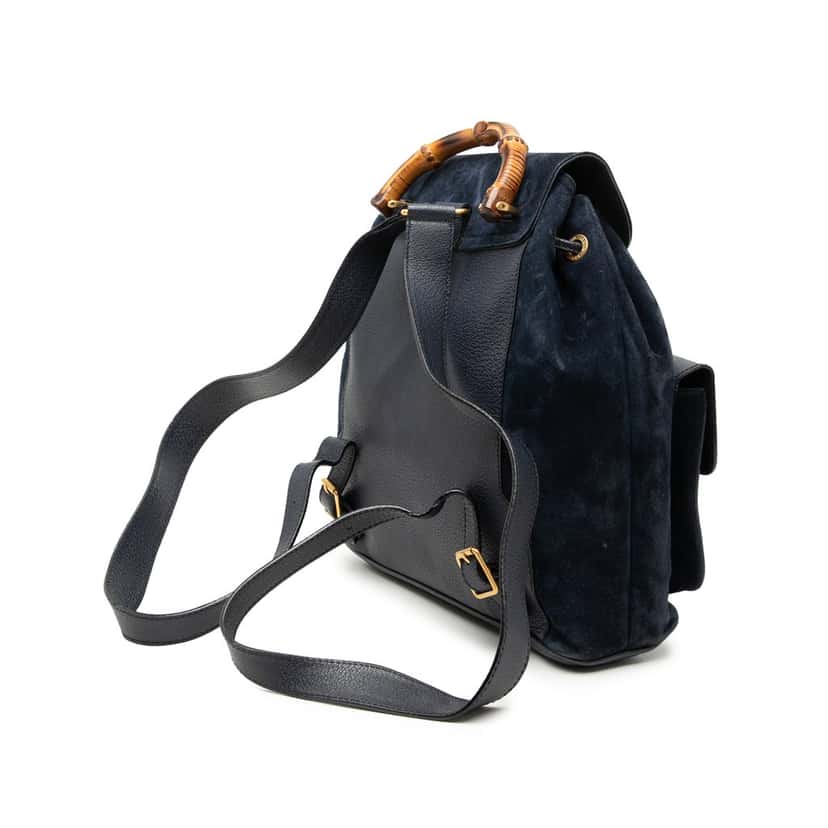 Gucci Suede Bamboo Backpack Blue Leather Very good condition - Back View