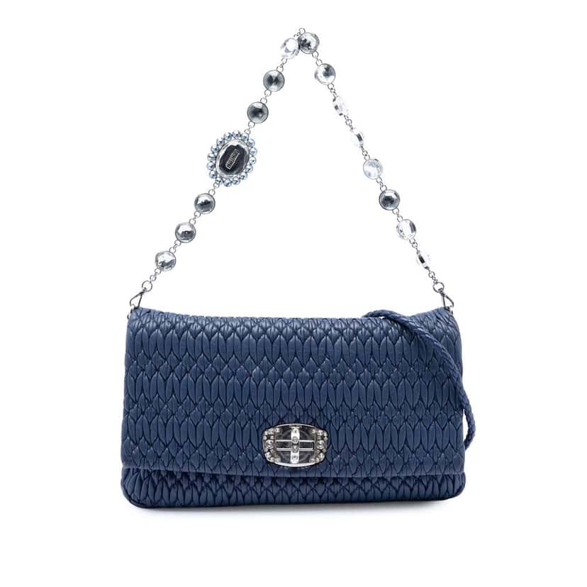Miu Miu Matelasse Nappa Crystal Chain Satchel Blue Leather Very good condition - Front View