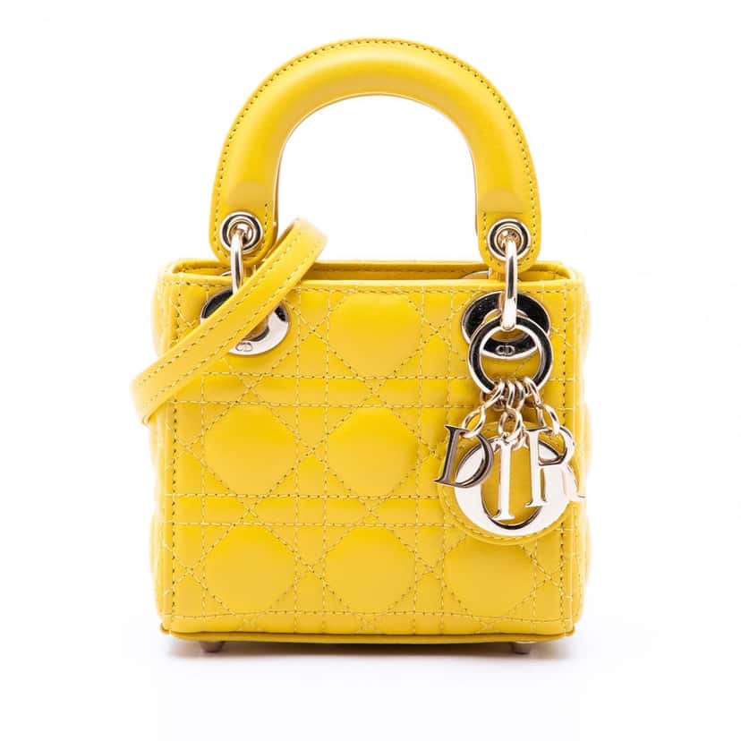 Dior Micro Lambskin Cannage Lady Dior Yellow Leather Very good condition - Front View