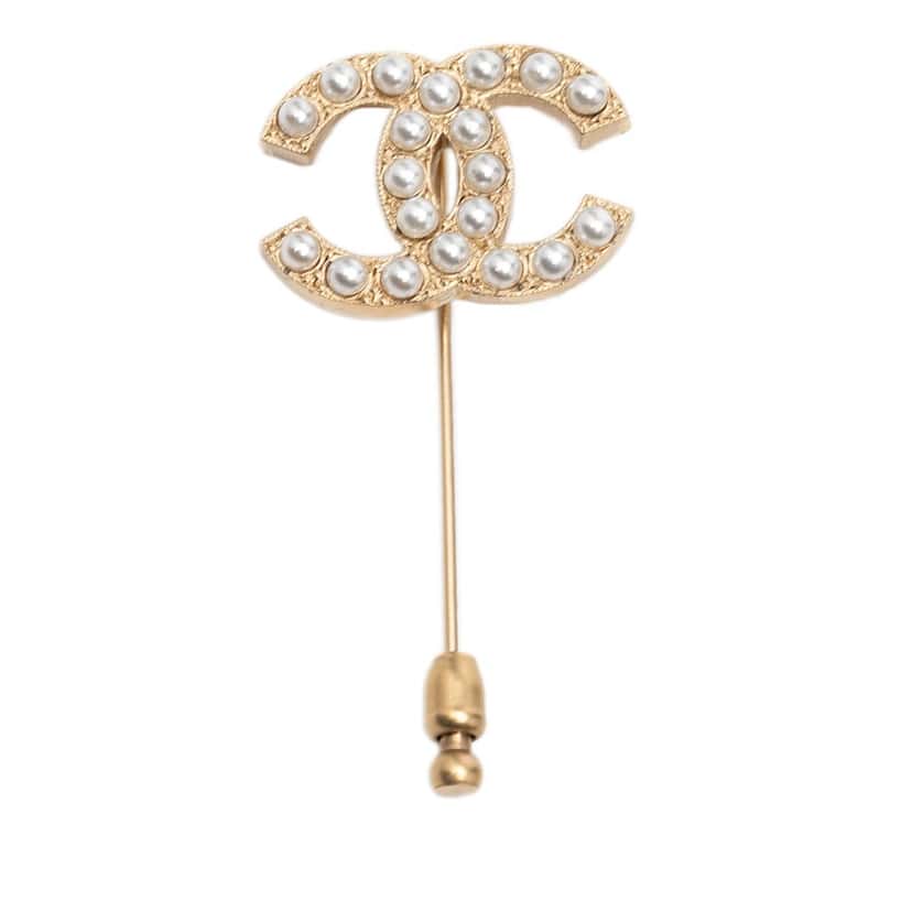 Chanel CC Gold Plated Faux Pearl Pin Brooch Gold Metal Very good condition - Front View