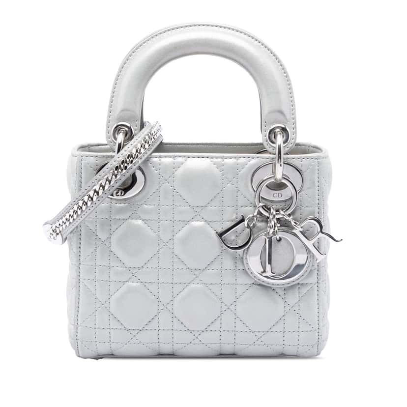 Dior Mini Iridescent Lambskin Cannage Lady Dior Silver Leather Very good condition - Front View