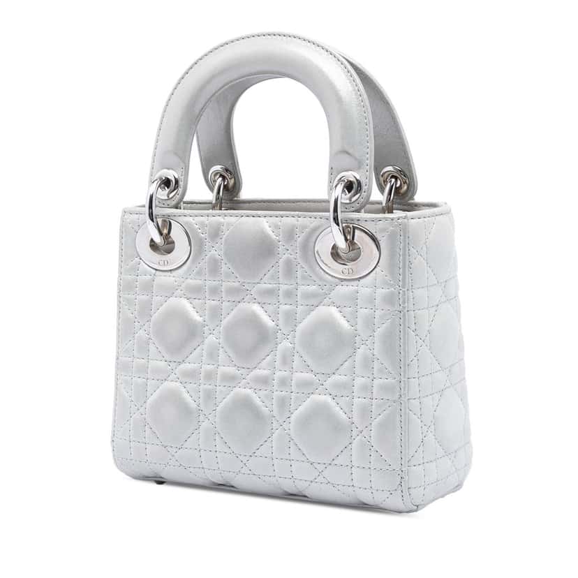 Dior Mini Iridescent Lambskin Cannage Lady Dior Silver Leather Very good condition - Back View