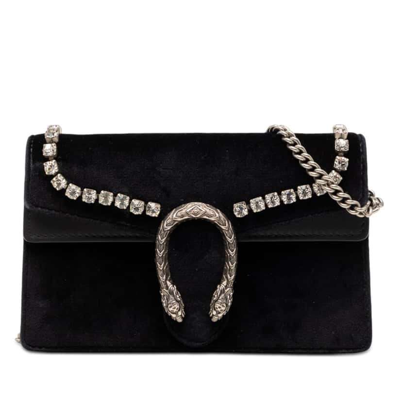 Gucci Mini Crystal Embellished Velvet Dionysus Crossbody Black Very good condition - Front View