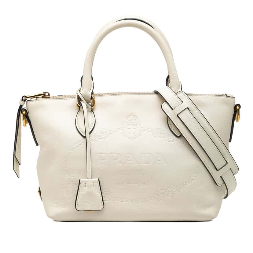 Prada Small Embossed Glace Calf Logo Convertible Satchel White Leather Very good condition - Front View