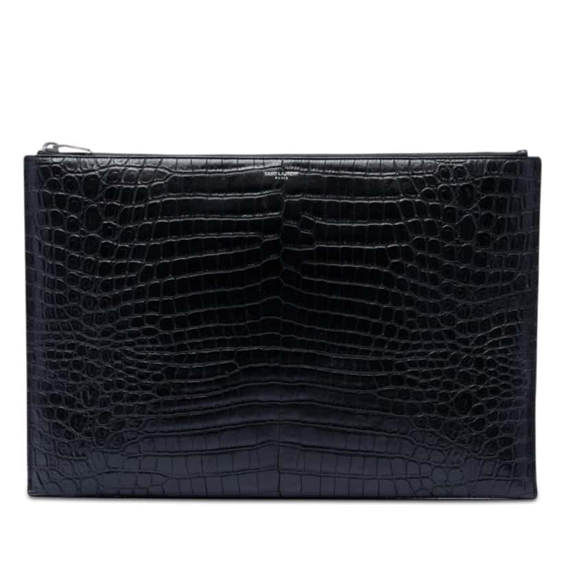 Saint Laurent Croc Embossed Leather Document Holder Black Leather Very good condition - Front View