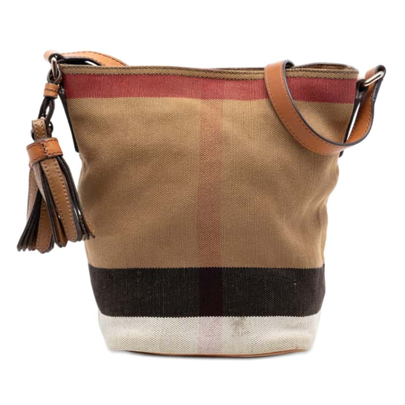 Burberry Mini Mega Check Canvas Ashby Tassel Bucket Bag Brown Very good condition - Front View