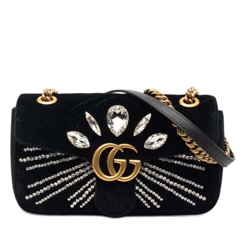 Gucci Medium GG Marmont Matelasse Velvet Crystal Embellished Shoulder Bag Black Very good condition - Front View