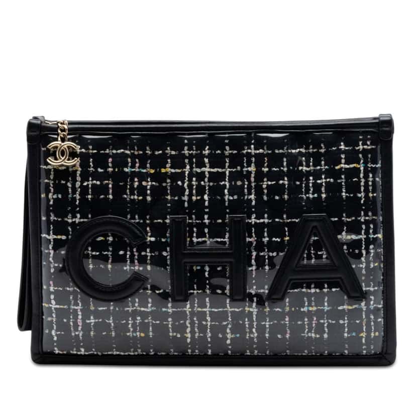 Chanel Large Tweed PVC Logo Wristlet Pouch Black Very good condition - Front View