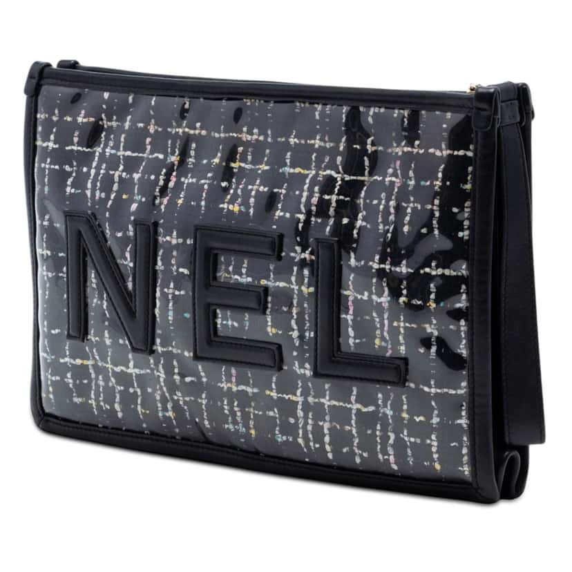 Chanel Large Tweed PVC Logo Wristlet Pouch Black Very good condition - Back View