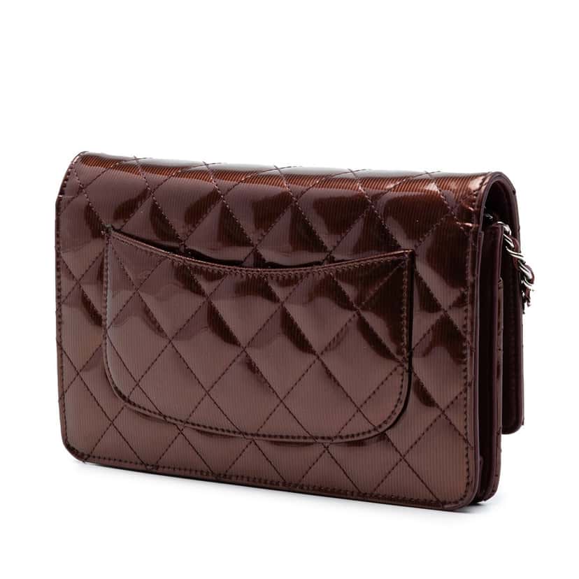 Chanel CC Quilted Striated Metallic Patent Wallet on Chain Red Leather Very good condition - Back View