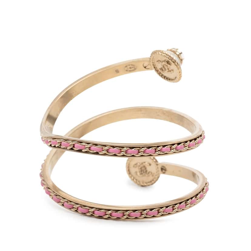 Chanel Gold Plated Lambskin Pearl Twist CC Bangle Bracelet S Pink Metal Very good condition - Inside View