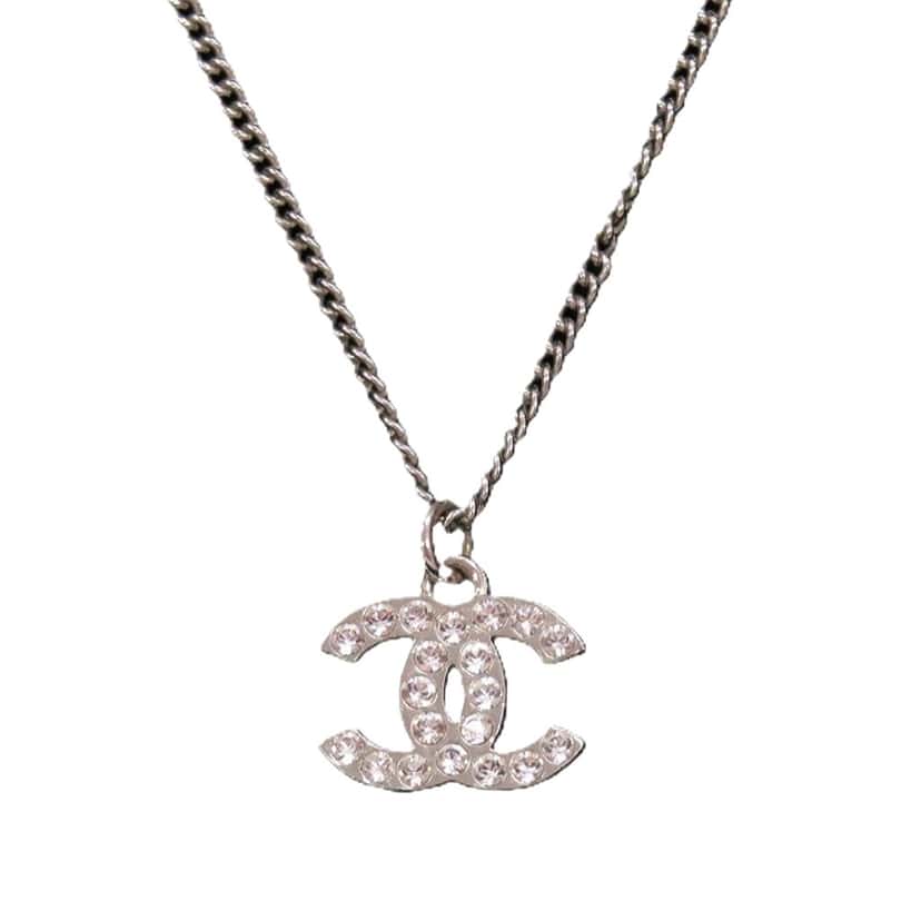 Chanel CC Brass and Strass Pendant Necklace Silver Metal Very good condition - Front View