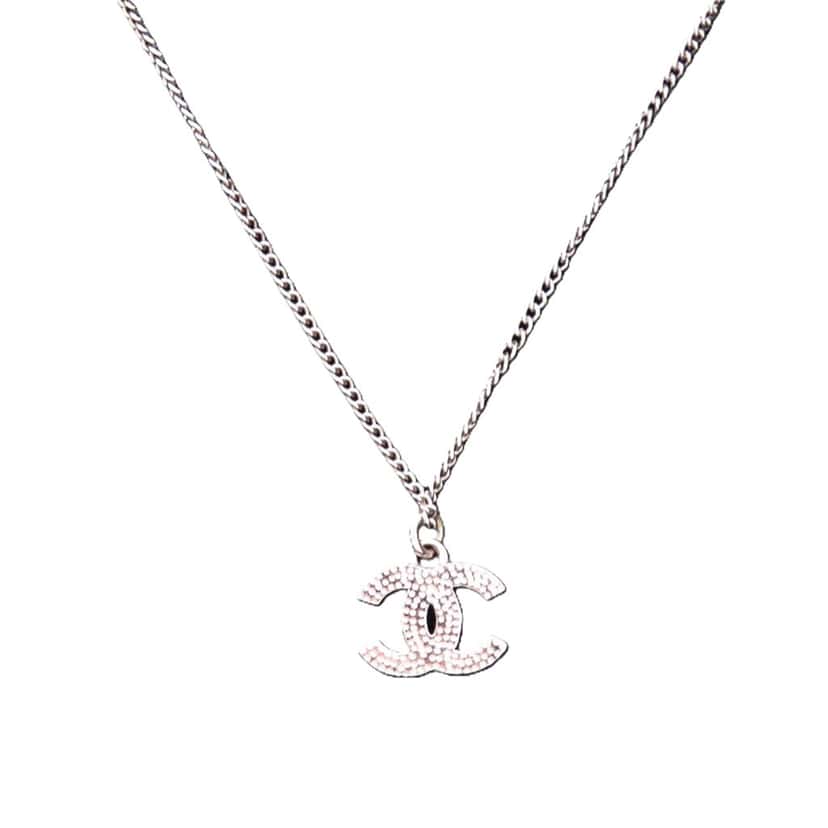 Chanel CC Brass and Strass Pendant Necklace Silver Metal Very good condition - Back View