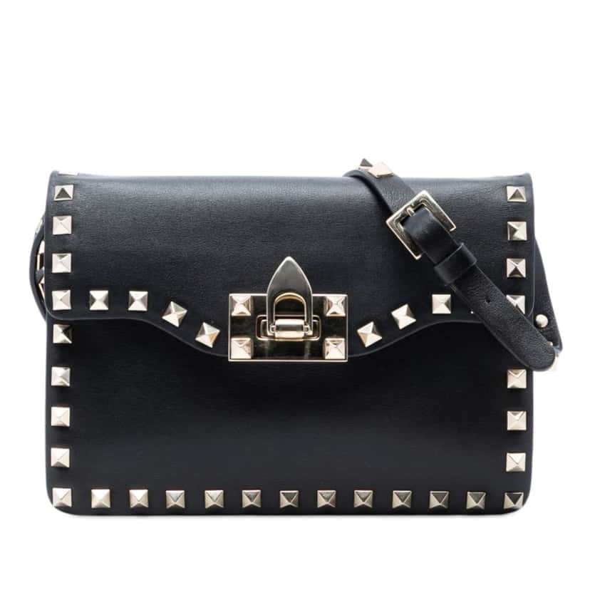 Valentino Small Leather Rockstud Flap Crossbody Black Leather Very good condition - Front View