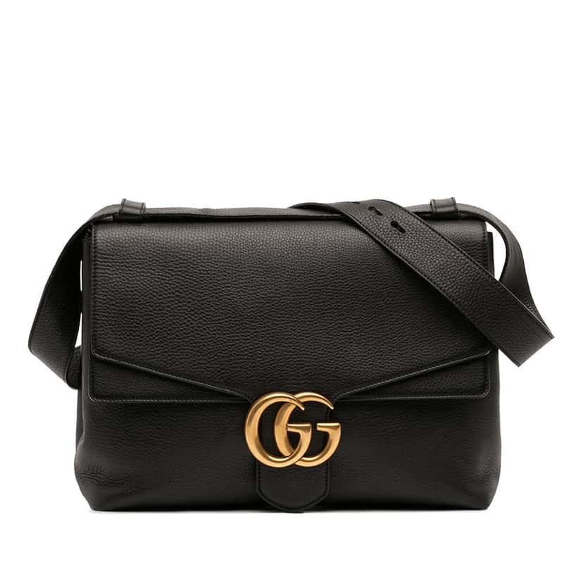 Gucci Large GG Marmont Pebbled Calfskin Flap Shoulder Bag Black Leather Very good condition - Front View