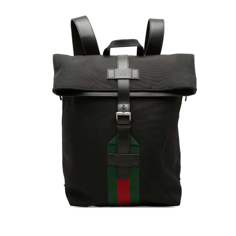 Gucci Canvas Techno Web Fold Over Backpack Black Very good condition - Front View