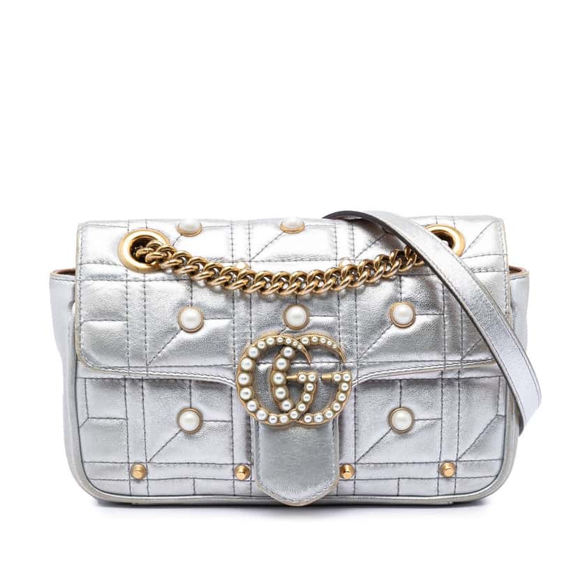 Gucci Small Pearly GG Marmont Pearl Studded Matelasse Leather Shoulder Bag Silver Leather Very good condition - Front View