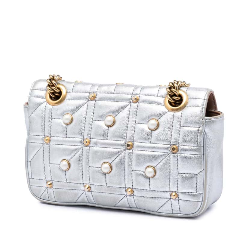 Gucci Small Pearly GG Marmont Pearl Studded Matelasse Leather Shoulder Bag Silver Leather Very good condition - Back View