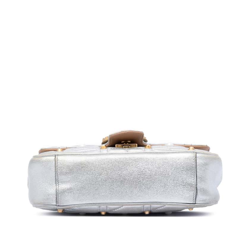 Gucci Small Pearly GG Marmont Pearl Studded Matelasse Leather Shoulder Bag Silver Leather Very good condition - Inside View