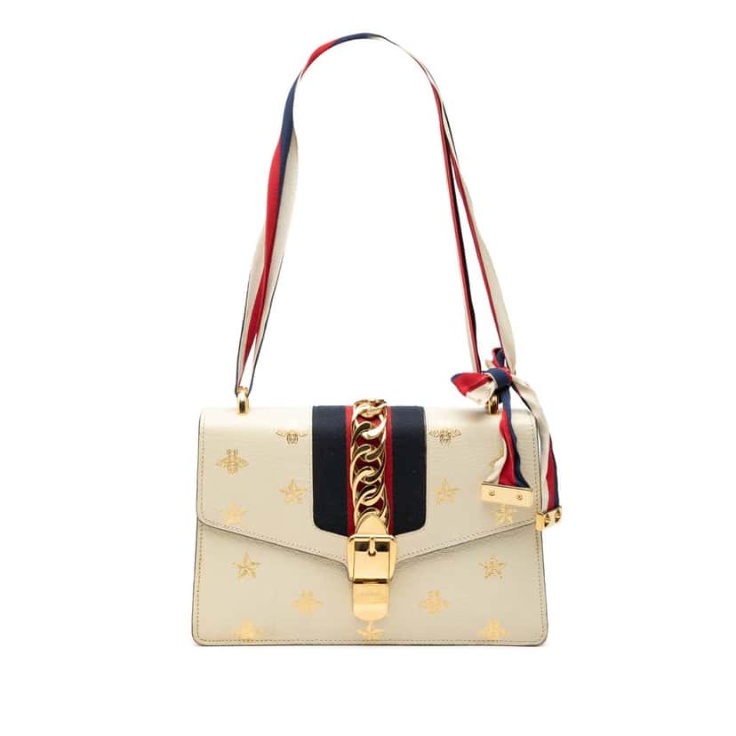 Gucci Small Leather Bee Star Sylvie Satchel White Leather Very good condition - Front View