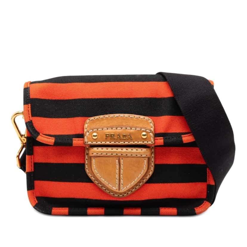 Prada Canvas Canapa Righe Striped Messenger Bag Orange Very good condition - Front View