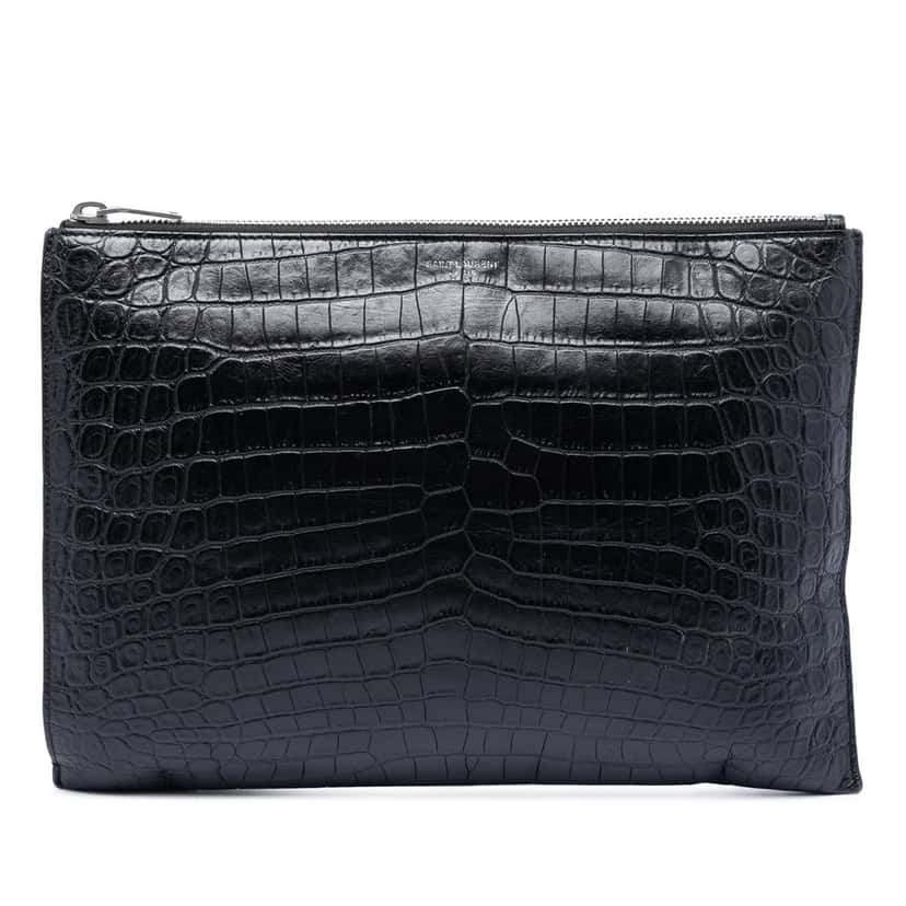 Saint Laurent Crocodile Embossed Leather Zipped Tablet Holder Black Leather Very good condition - Front View