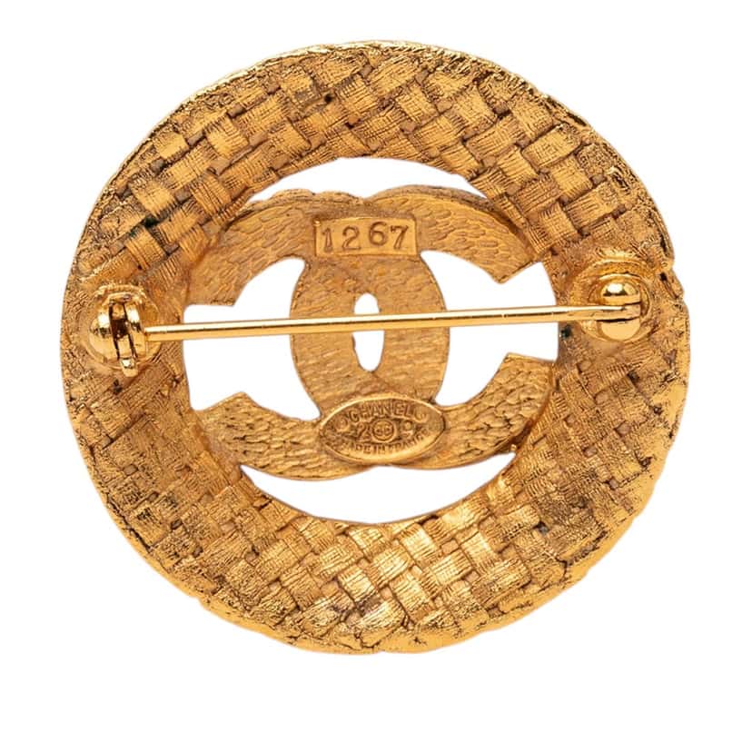 Chanel CC Gold Plated Woven Round Brooch Gold Metal Very good condition - Back View
