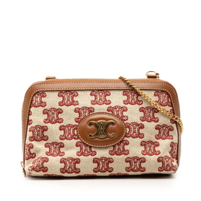 Celine Triomphe Embroidered Canvas Clutch On Chain Beige Very good condition - Front View