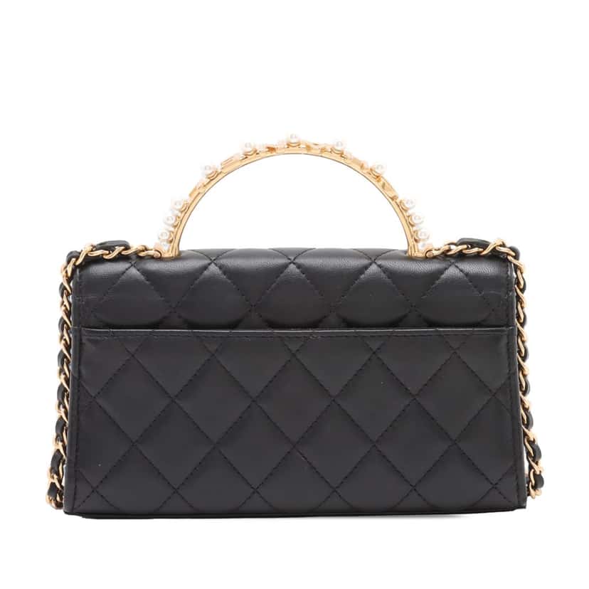 Chanel CC Quilted Lambskin Faux Pearl Top Handle Phone Holder with Chain Black Leather Very good condition - Back View
