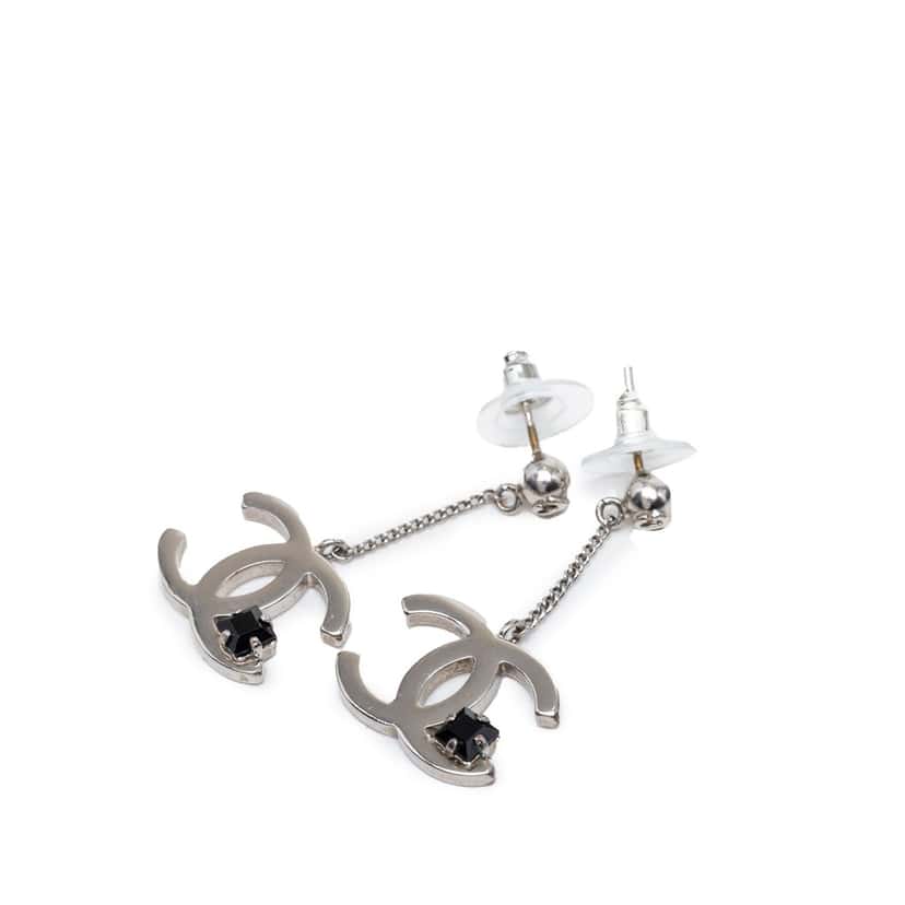 Chanel CC Brass Strass Dangle Push Back Earrings Silver Metal Very good condition - Front View