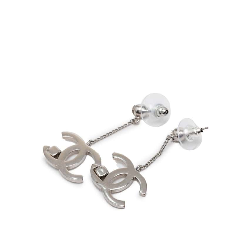 Chanel CC Brass Strass Dangle Push Back Earrings Silver Metal Very good condition - Back View