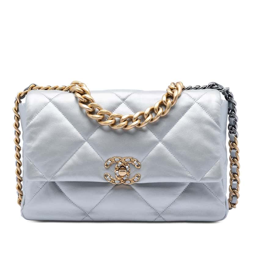 Chanel Large Metallic Lambskin 19 Flap Silver Leather Very good condition - Front View
