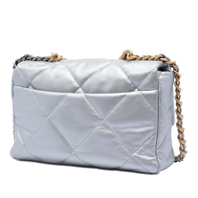 Chanel Large Metallic Lambskin 19 Flap Silver Leather Very good condition - Back View