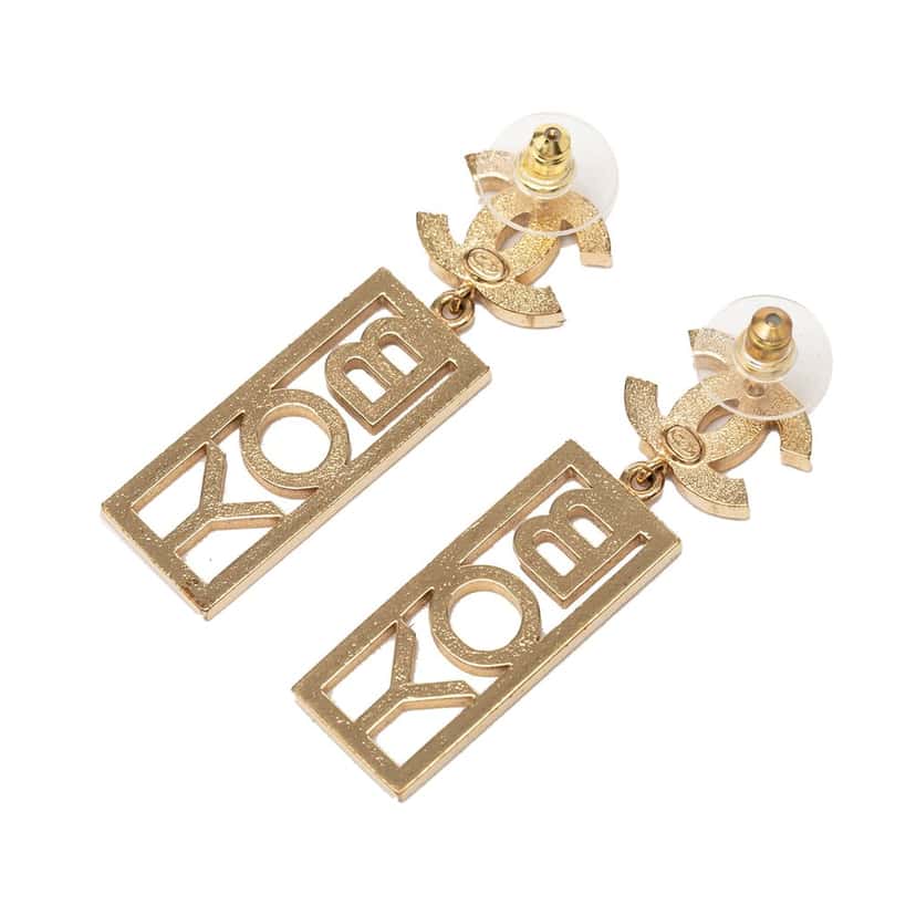 Chanel CC Brass Strass Boy Swing Push Back Earrings Gold Metal Very good condition - Back View