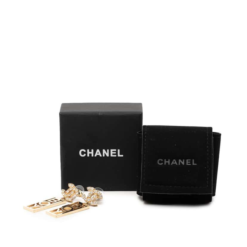 Chanel CC Brass Strass Boy Swing Push Back Earrings Gold Metal Very good condition - Model View