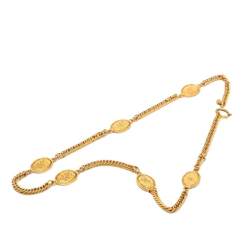 Chanel CC Gold Plated Crown Medallion Station Necklace