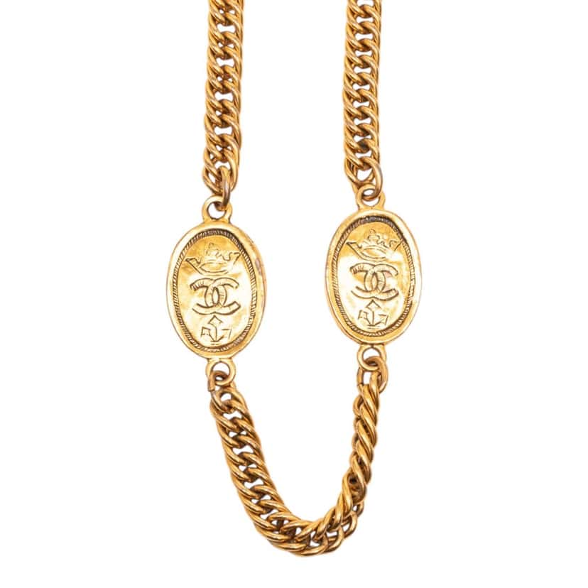 Chanel CC Gold Plated Crown Medallion Station Necklace Gold Metal Very good condition - Back View
