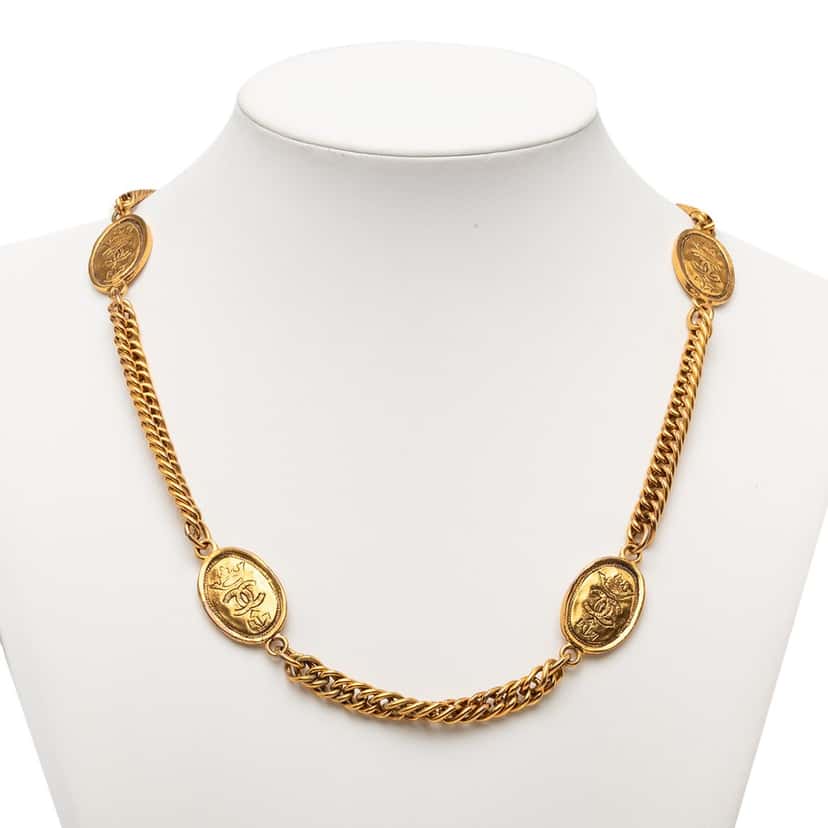 Chanel CC Gold Plated Crown Medallion Station Necklace Gold Metal Very good condition - Box View