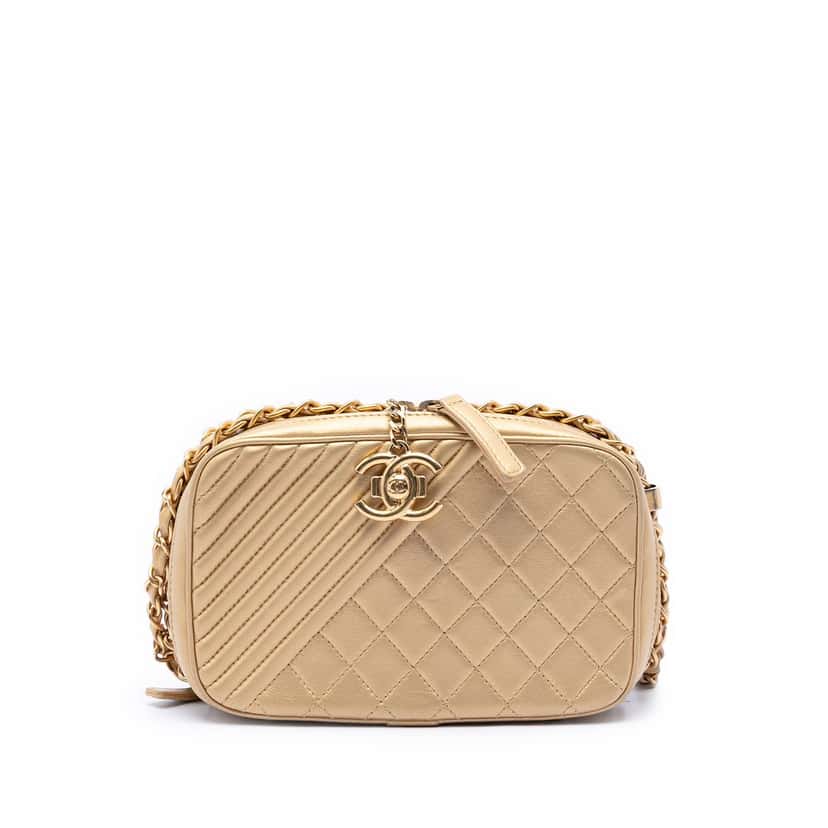 Chanel Small Quilted Lambskin Coco Boy Camera Bag Gold Leather Very good condition - Front View