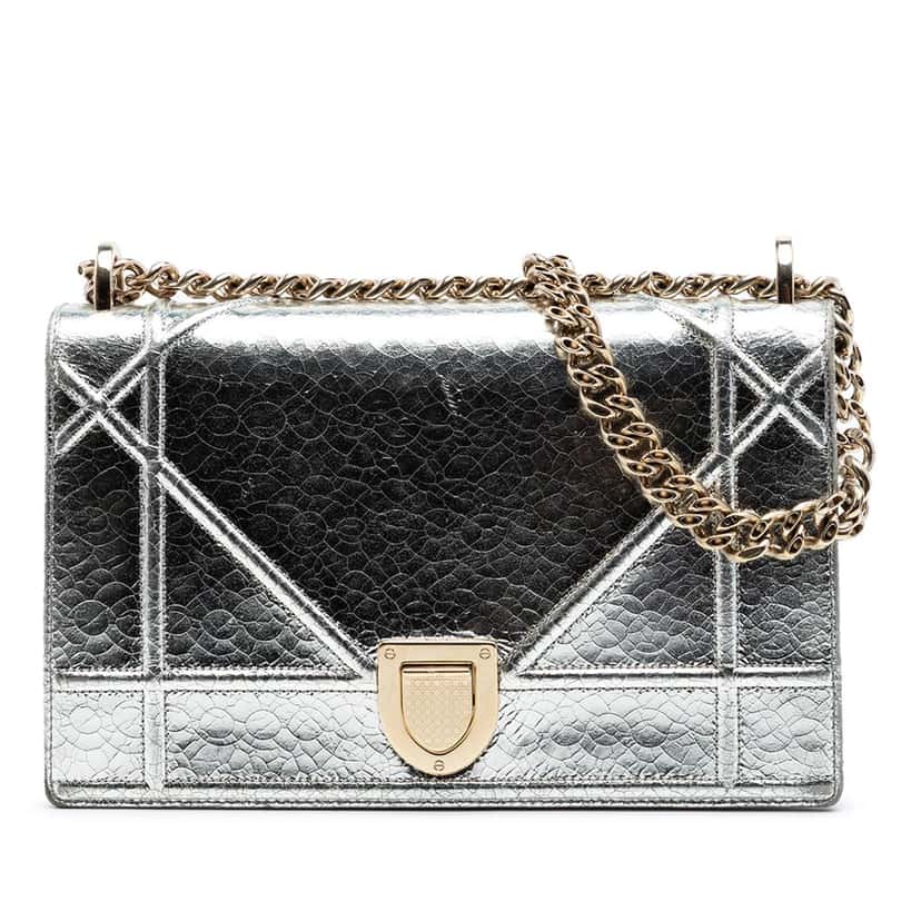 Dior Medium Metallic Crackled Deerskin Diorama Flap Silver Leather Very good condition - Front View
