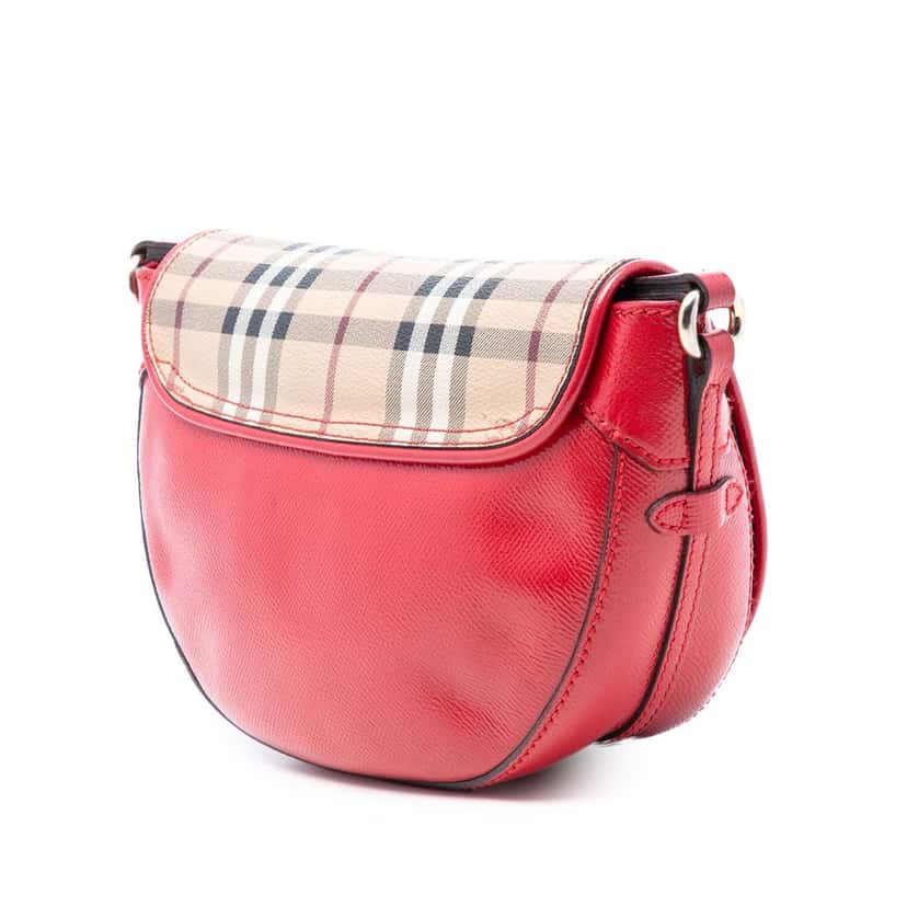 Burberry Patent Leather and Haymarket Check Coated Canvas Maydown Crossbody Red Leather Very good condition - Back View
