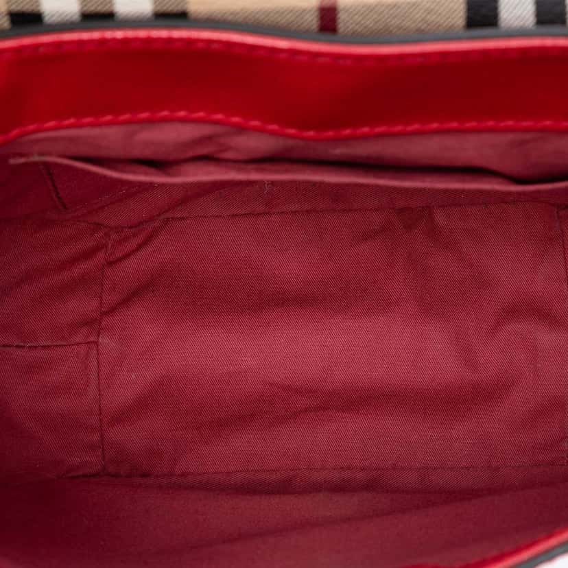 Burberry Patent Leather and Haymarket Check Coated Canvas Maydown Crossbody Red Leather Very good condition - Model View